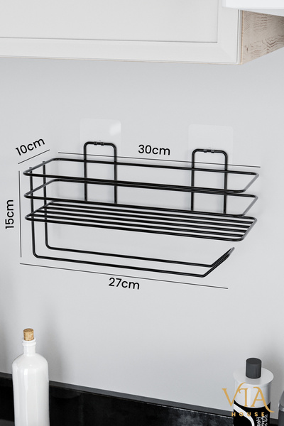 VİE HOUSE Yapışkanlı Raflı Kağıt Rulo Havluluk Peçetelik Kağıt Havluluk Siyah Banyo Mutfak Düzenleyici Raf