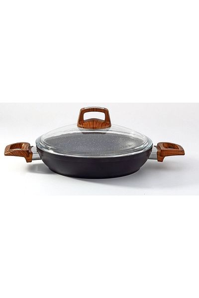 Bonera 24 Cm Vogue Granite Omelette Pan - Wooden Pattern, Bakelite Handle and Glass Lid