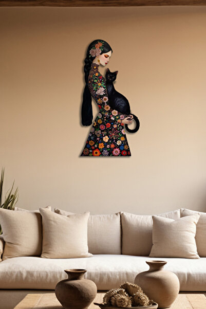 SteelArtDec Kadın ve Kedi Temalı Dekoratif Metal Tablo - Çiçek Desenli Duvar Dekoru