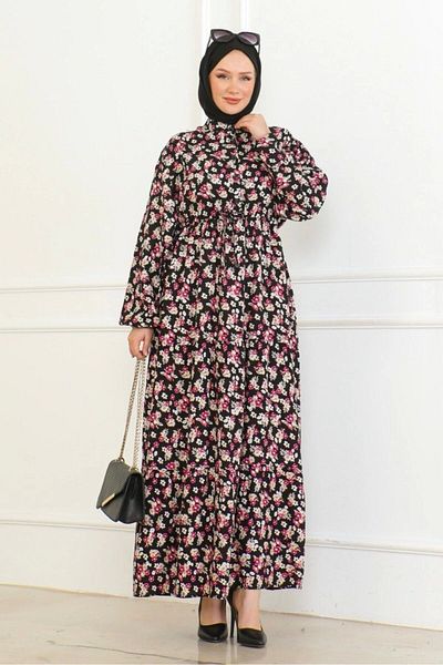 Neva Style Viscose Fabric - Floral Patterned Tie-Up Dress, Dried Rose