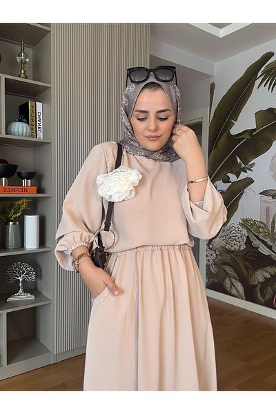 Aselim Hijap Moda Μπεζ καρφίτσα Λεπτομερής κοστούμι φούστας