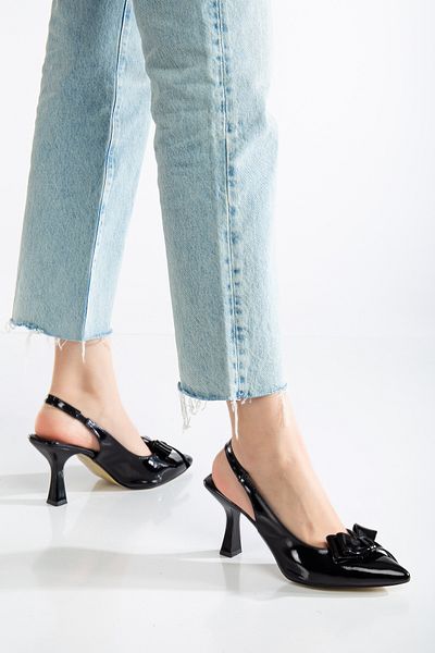 ftclothing Ft Bow Detailed Black Classic Patent Leather Pointed Toe Heeled Shoes