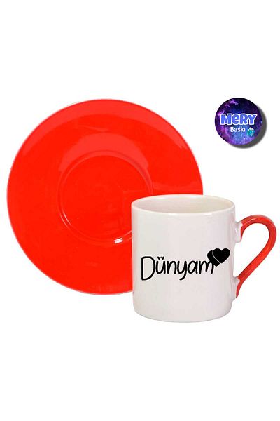 Tasarım "My World" Printed Red Handled Turkish Coffee Cup