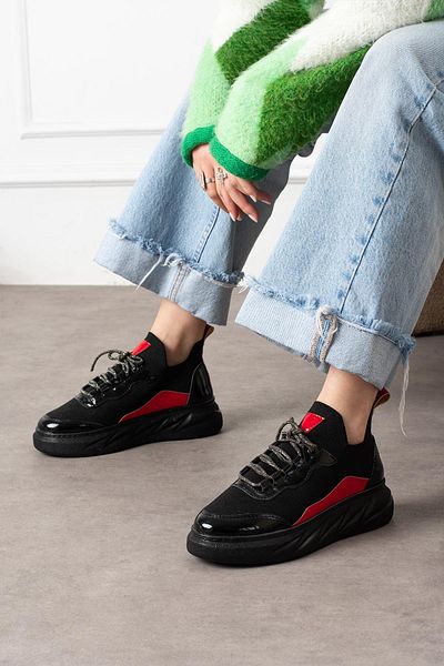 ShoeTek Polivya Women's Sneakers - Stone Tied Tricot Texture Sports Shoes - Black/Red Patent Leather