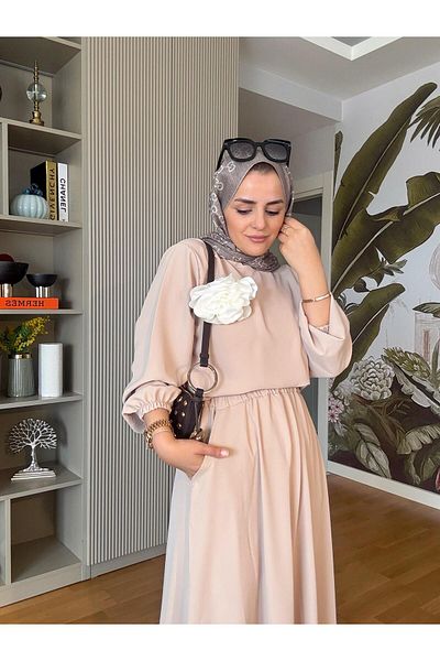 Aselim Hijap Moda Μπεζ καρφίτσα Λεπτομερής κοστούμι φούστας