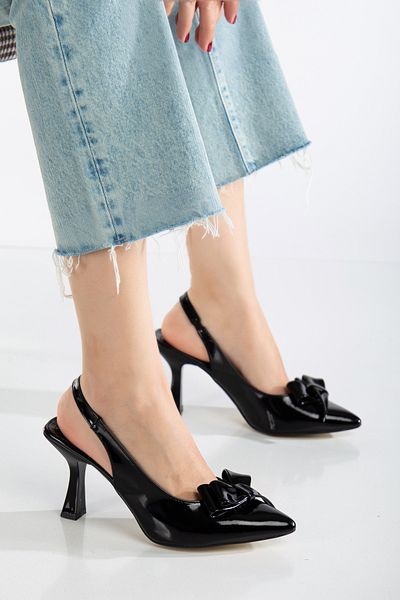 ftclothing Ft Bow Detailed Black Classic Patent Leather Pointed Toe Heeled Shoes