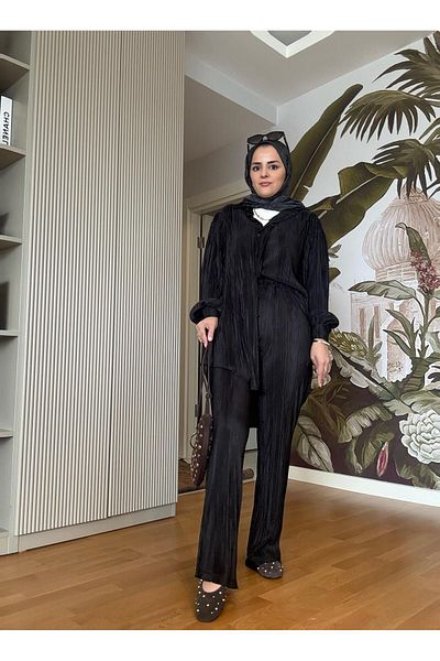 ASEL FASHİON Black Satin Pleated Suit