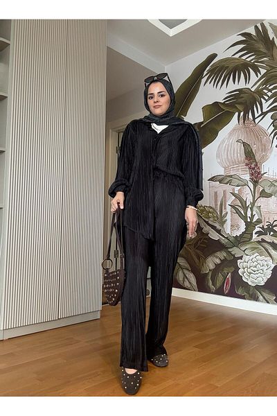 ASEL FASHİON Black Satin Pleated Suit