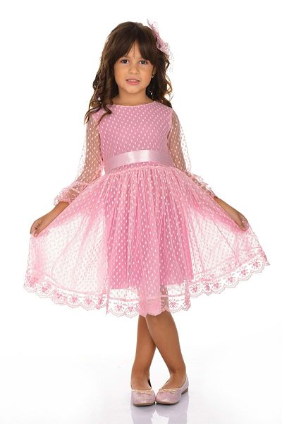 s.t. sebat tekstil Pink Lace Fabric Girls Dress Long Sleeve