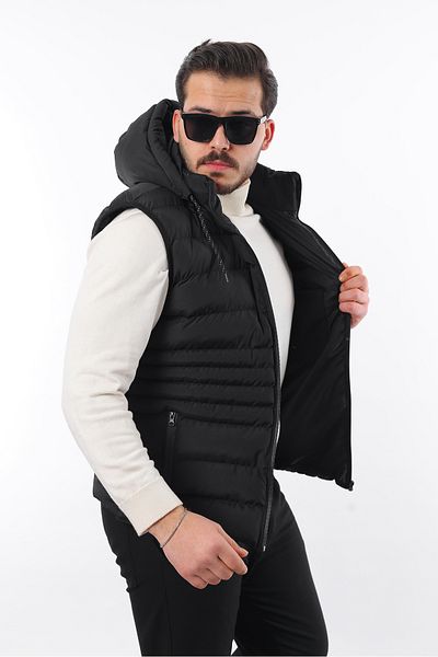FASHION Нов сезон черна жилетка с пуф с качулка и качулка