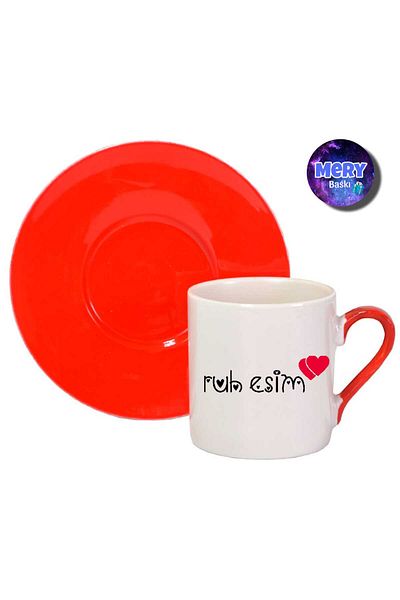 Tasarım "My Soul Mate" Printed Red Handled Turkish Coffee Cup as a Gift for Lovers