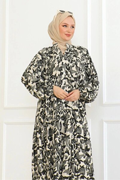 Neva Style Düğmeli Yaka Viskon Elbise - Siyah