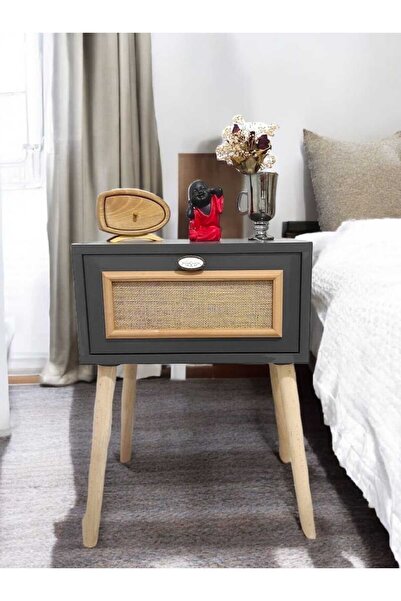 MBK AHŞAP Yatakbaşı Başucu Çekmeceli Komodin Yan Sehpa Antrasit Gri-siyah