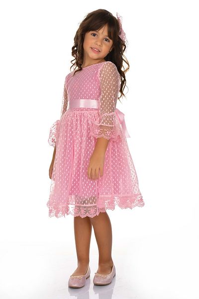 s.t. sebat tekstil Pink Lace Fabric Girls Dress Long Sleeve