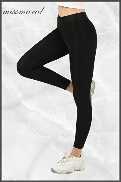 missmaral Women's Black High Waist Recovery Sports Tights Cross Waist Tights with Cross Belt Detail 1014