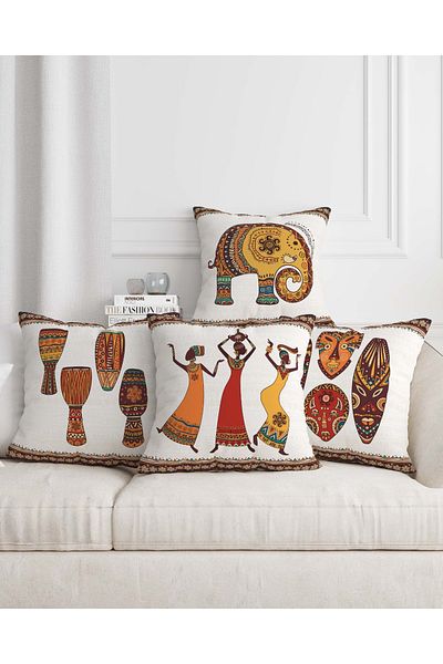 Mumi Dekor African Themed White Background Coffee Color Stripe Set of 4 Sofa Cushion Throw Pillow Cases