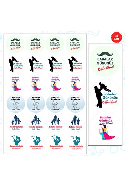 MUTLUYÜZ Father's Day Labels (Sticker) Matte Print, 48Pcs, 4 cm X 4 Cm, "Happy Father's Day"