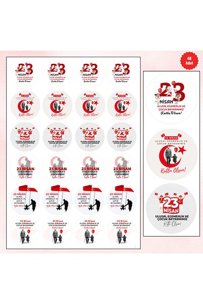 MUTLUYÜZ 23 April Labels (Sticker) Matte Printing, 48Pcs, 4 cm X 4 Cm, National Sovereignty and Children's Day