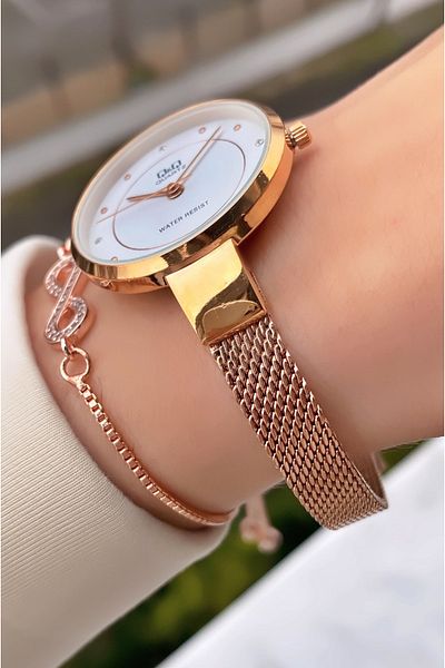 Q&Q Rose Gold Color Waterproof Thin Straw Cord Women's Wristwatch - Bracelet Gift