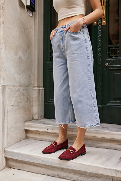 ANGELİNA JONES Дамски мокасини от естествен велур с катарама в бордо цвят RUSH