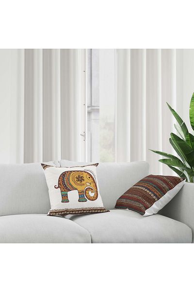 Mumi Dekor African Themed White Background Coffee Color Stripe Set of 2 Sofa Cushion and Throw Pillow Case