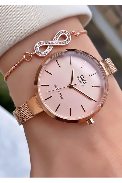 Q&Q Rose Gold Color Waterproof Thin Straw Cord Women's Wristwatch - Bracelet Gift