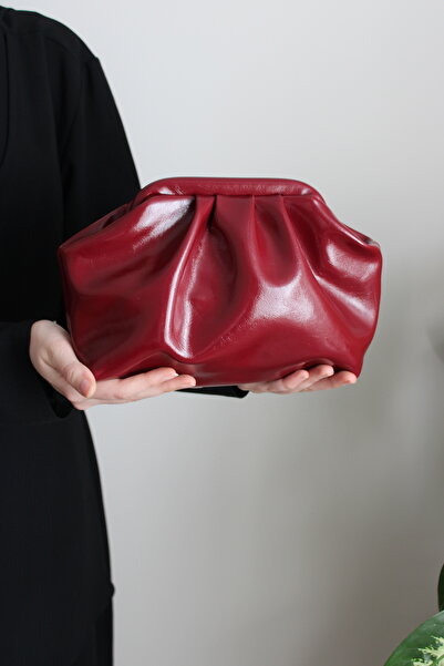 Mimoza Women's Burgundy Patent Leather Faux Leather Long Strap Clutch Daily and Evening Dress Bag