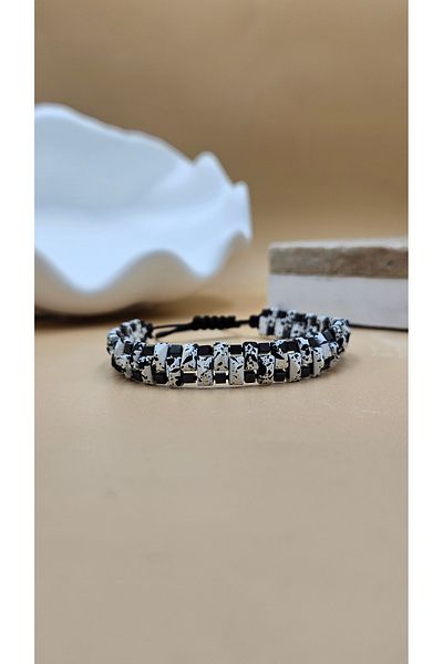 AURA Men's Bracelet ,Colorized Black and White Hematite Stone