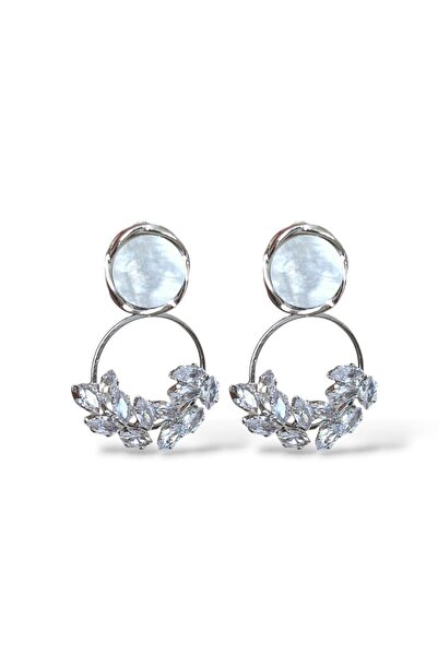 Buğday Motif Taşlı Silver Halka Çelik Küpe