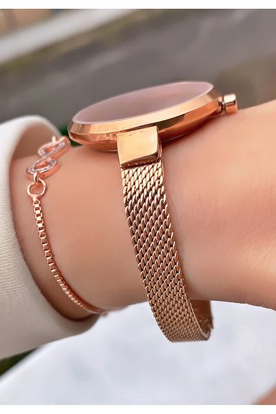 Q&Q Rose Gold Color Waterproof Thin Straw Cord Women's Wristwatch - Bracelet Gift