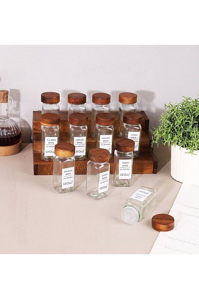 Ulus Home Set of 12 Acacia Lid Square Glass Spice Racks