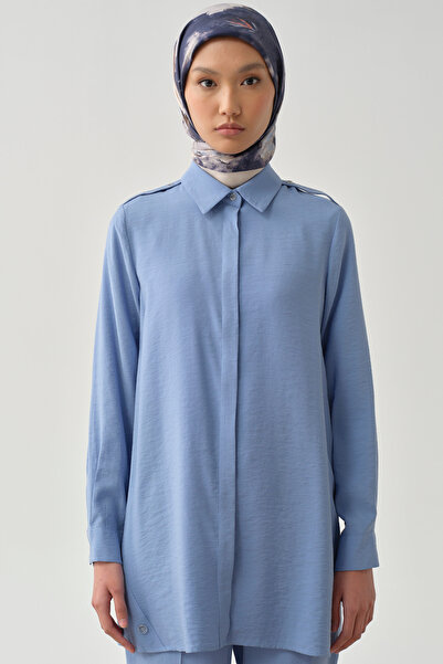 Tuğba Apoletli Gizli Patlı Tunik - Mavi
