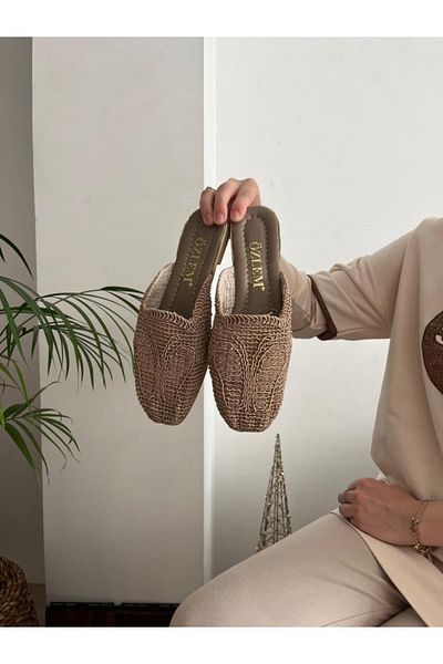 Behtah Kundura Women's Closed Front Straw Slippers Lace Knitted Butterfly Patterned Dowry Daily Slippers