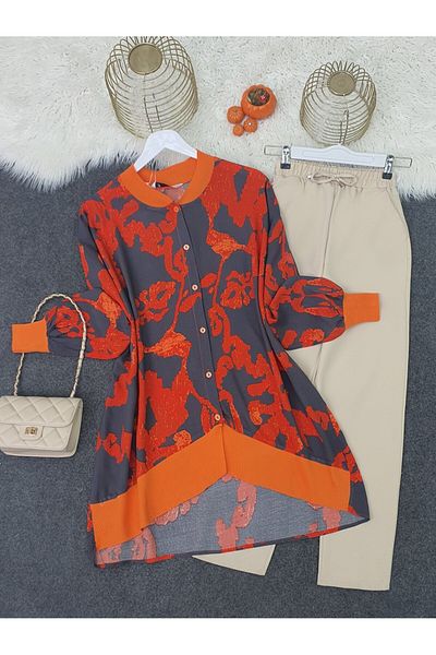 Modamorfo Flower Pattern Ribbed Buttoned Oversize Tunic -Orange
