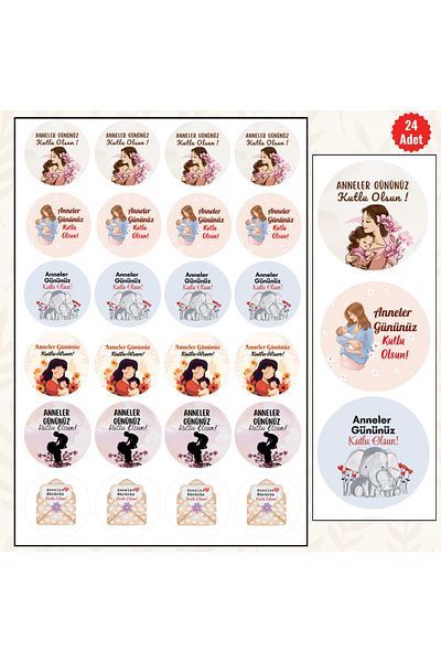 MUTLUYÜZ 24Pcs -Mother's Day Labels (Sticker) Matte Print, 4 cm X 4 Cm, "Happy Mother's Day"