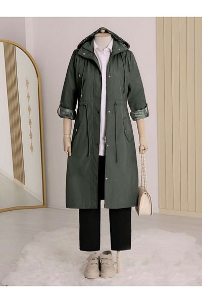 Modamorfo Khaki Colored Striped Lined Trench Coat