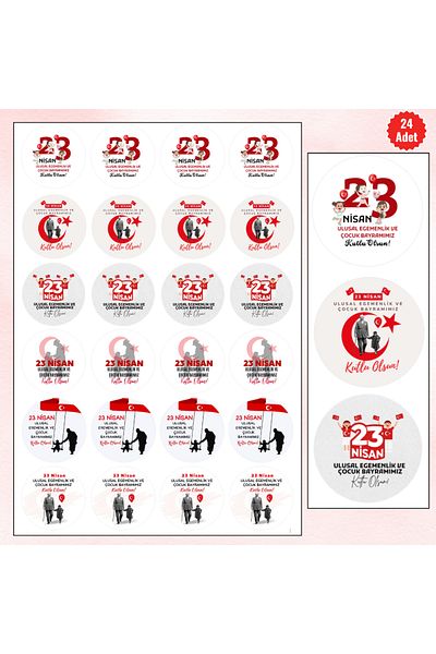 MUTLUYÜZ 24LÜ- 23 April Labels (Sticker) Matte Print, 4 cm X 4 Cm, National Sovereignty and Children's Day
