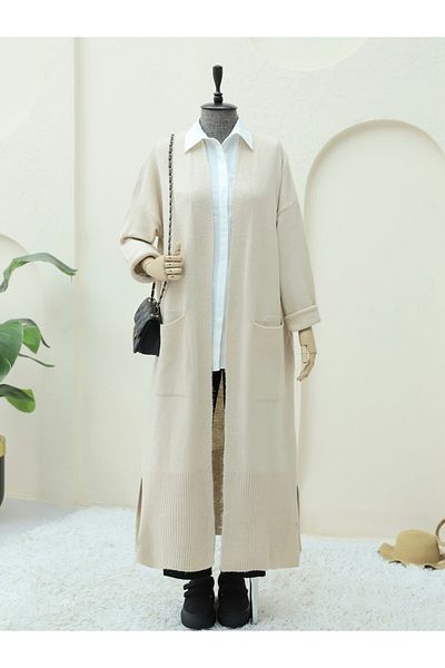 Modamorfo Statistical Suitable Knitting Pattern Double Pocket Long Knitwear Cardigan-Cream