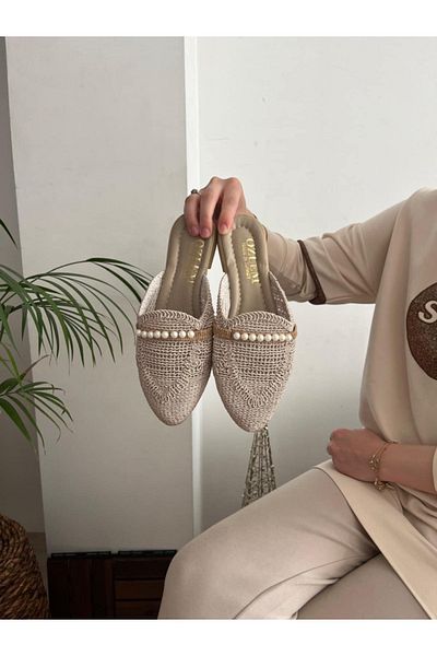 Behtah Kundura Women's Closed Front Straw Slippers Lace Knitted Pearl Rhinestone Dowry Casual Slippers