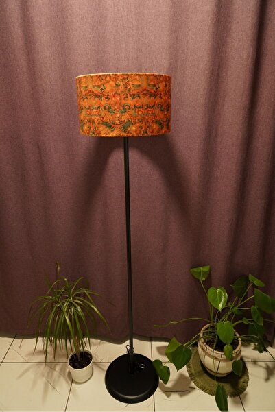 retro home design Siyah Ayaklı Baskılı Turuncu Kumaş Lambader Tek Ayaklı Dekoratif Salon Yatak Odası