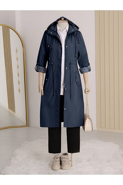 Modamorfo Lined Striped Trench Coat -Navy
