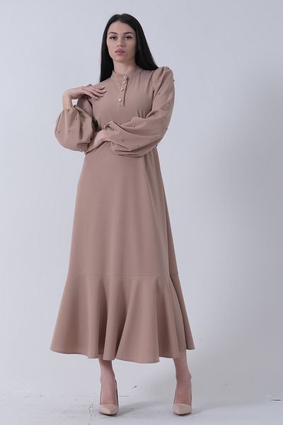Feminist Beige Dress with Surprise Effect and Stylish Stone Detail