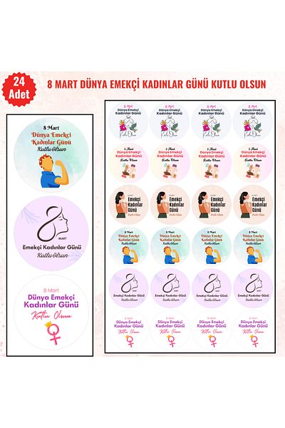 MUTLUYÜZ 24 Pcs, 8 March International Labour Women's Day Sticker (Sticker)Matte Printing 4cm X 4cm "International Labour Women's Day"