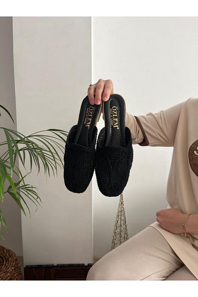 Behtah Kundura Women's Closed Front Straw Slippers Lace Knitted Butterfly Patterned Dowry Daily Slippers