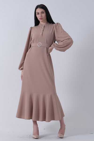 Feminist Beige Dress with Surprise Effect and Stylish Stone Detail