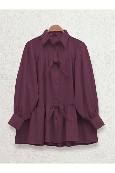 Modamorfo Buttoned Front Ribbon Detailed Loose Shirt - Burgundy