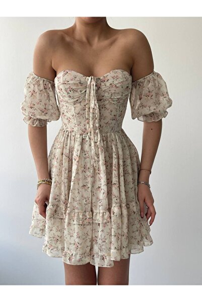 ETİKAFASHION BOYUNDAN BAĞLAMALI ŞİFON  MİNİ ÇİÇEKLİ ELBİSE