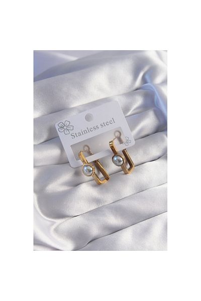 Skygo 316L Steel Gold Color Pearl Stone Rectangular Model Earrings - Tj-Bkp9060