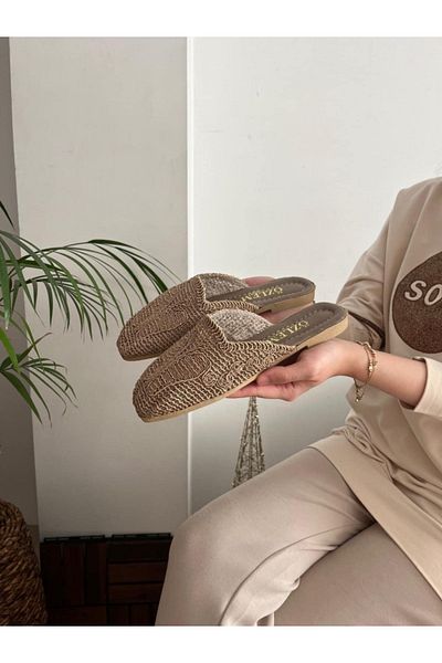 Behtah Kundura Women's Closed Front Straw Slippers Lace Knitted Butterfly Patterned Dowry Daily Slippers
