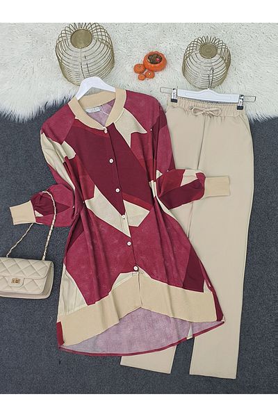 Modamorfo Flower Pattern Ribbed Buttoned Oversize Tunic - Burgundy